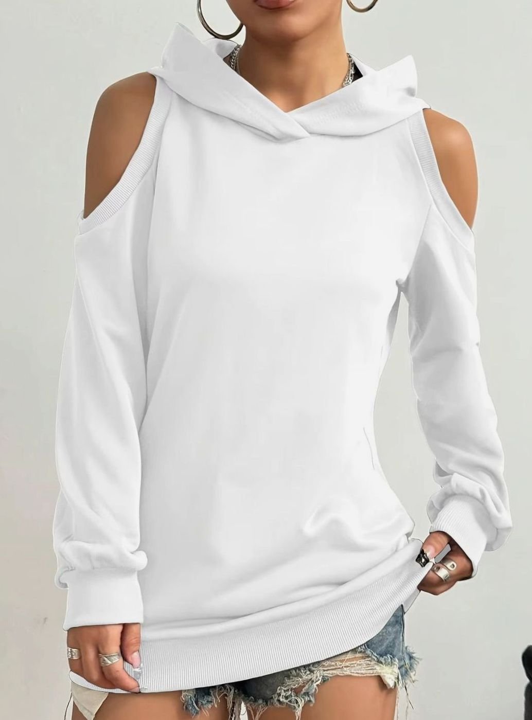 Women's Cold-Shoulder Hooded Sweatshirt Ribbed-Trim Pullover - White