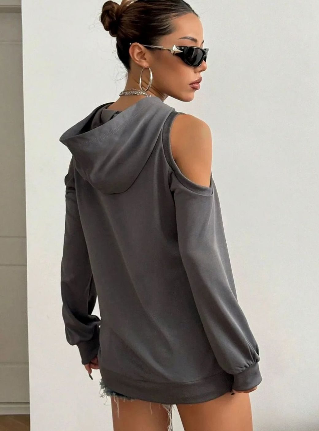 Women's Cold-Shoulder Hooded Sweatshirt Ribbed-Trim Pullover