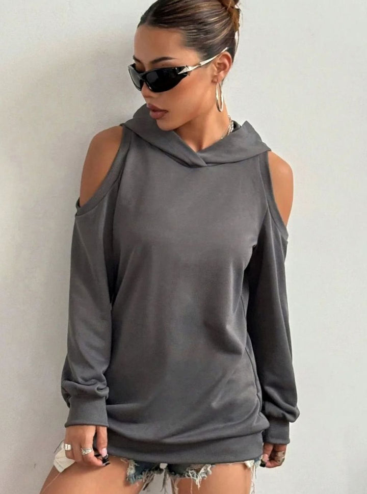 Women's Cold-Shoulder Hooded Sweatshirt Ribbed-Trim Pullover