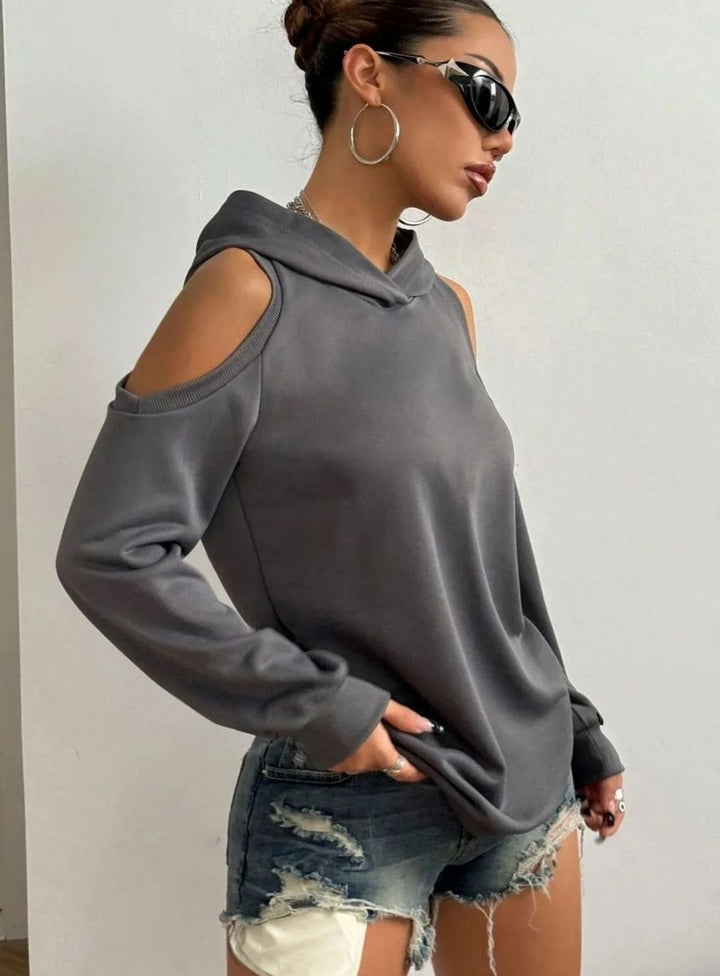 Women's Cold-Shoulder Hooded Sweatshirt Ribbed-Trim Pullover