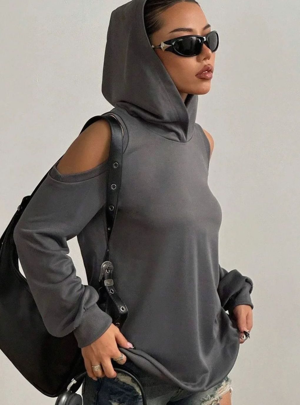 Women's Cold-Shoulder Hooded Sweatshirt Ribbed-Trim Pullover