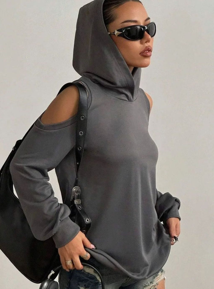 Women's Cold-Shoulder Hooded Sweatshirt Ribbed-Trim Pullover