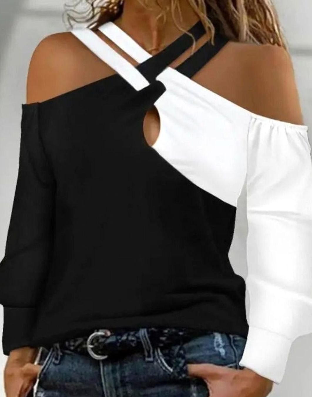 Women's Cold Shoulder Long Sleeve Colorblock Cutout Top