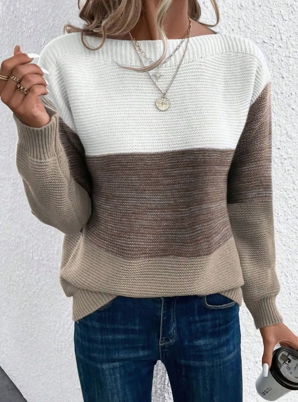 Women's Color Block Relaxed-Fit Crew Neck Knit Sweater - Brown