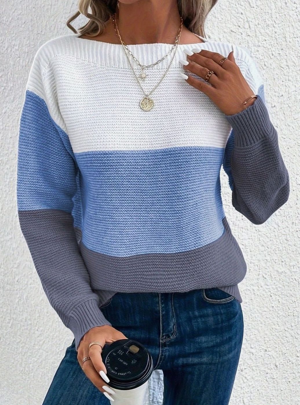 Women's Color Block Relaxed-Fit Crew Neck Knit Sweater - Blue