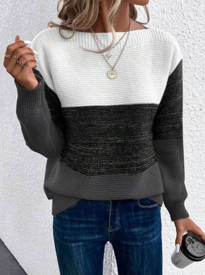 Women's Color Block Relaxed-Fit Crew Neck Knit Sweater - Black