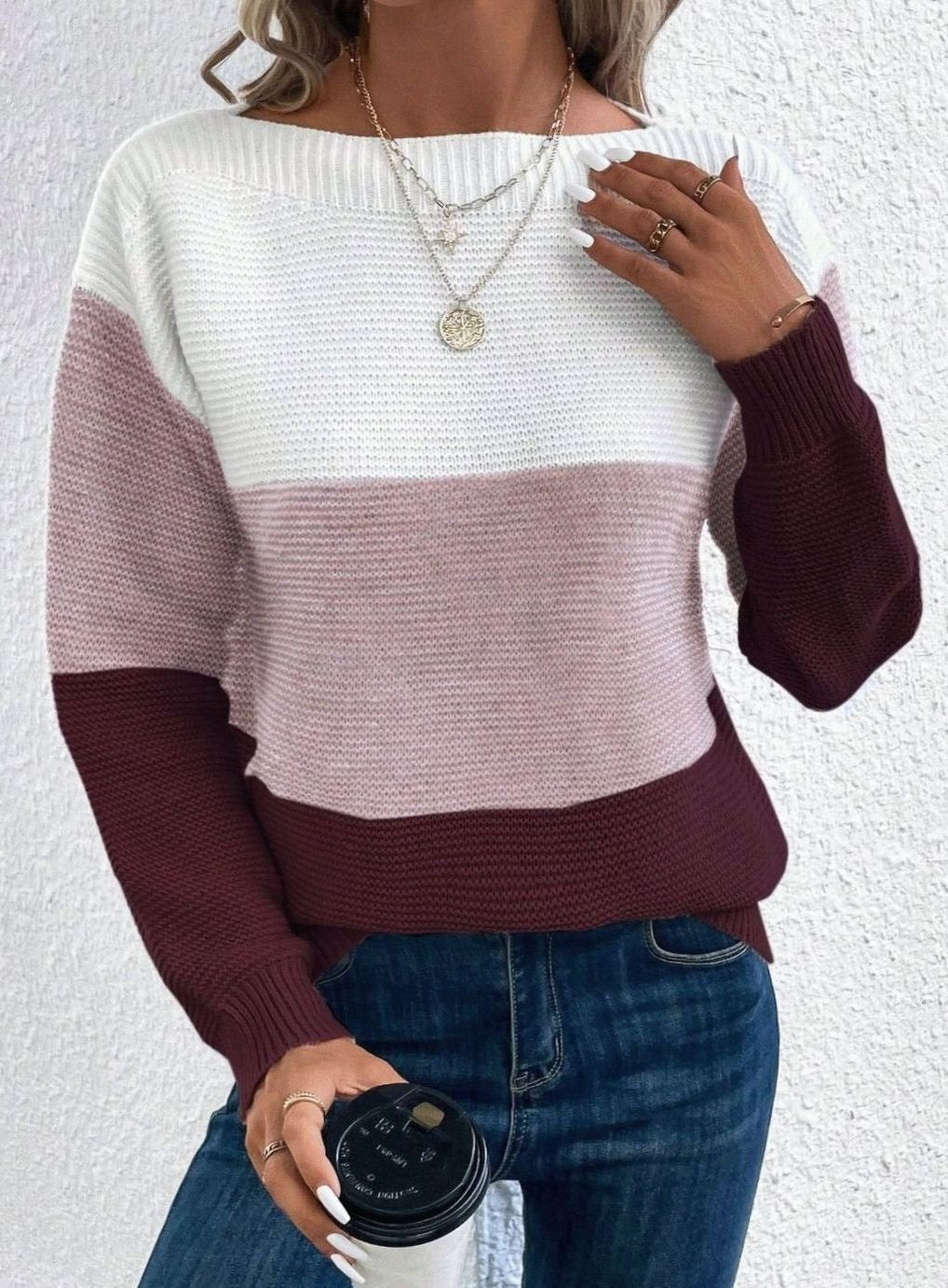 Women's Color Block Relaxed-Fit Crew Neck Knit Sweater - Burgundy