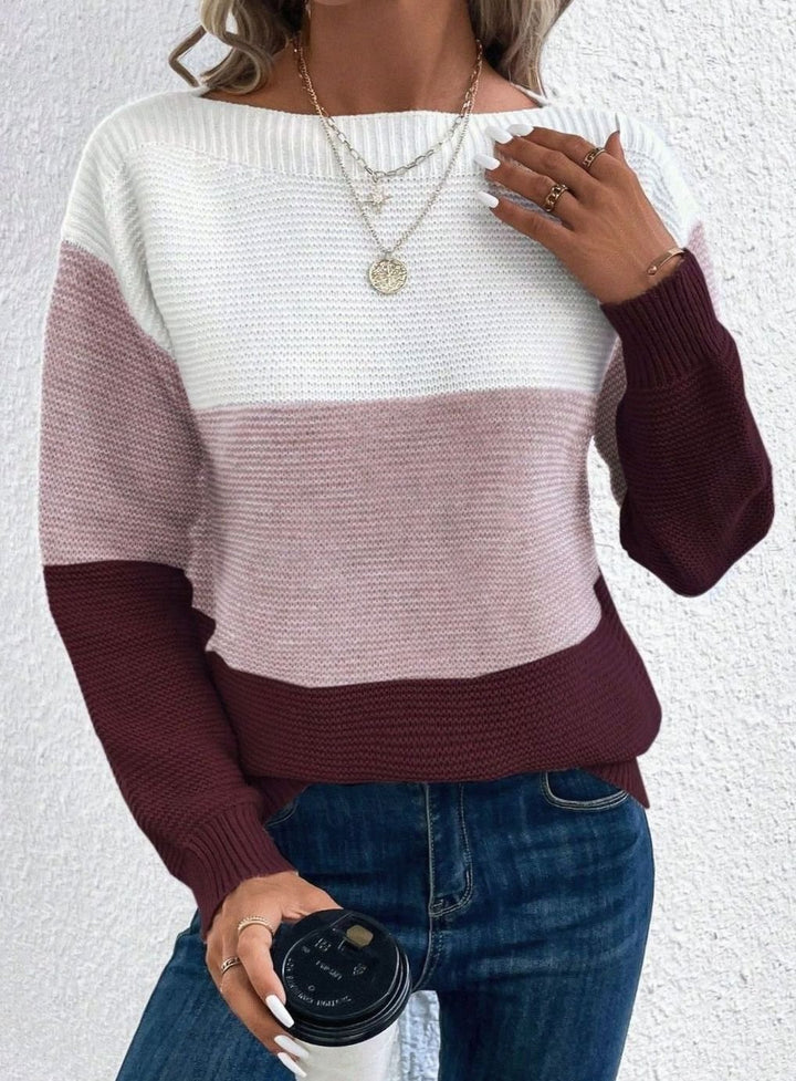 Women's Color Block Relaxed-Fit Crew Neck Knit Sweater - Burgundy