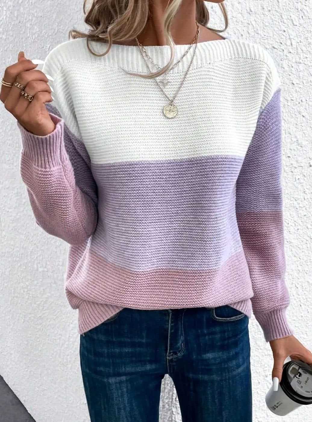 Women's Color Block Relaxed-Fit Crew Neck Knit Sweater - Purple