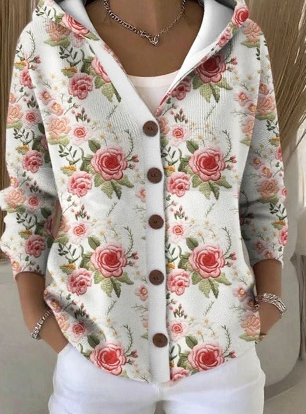 Women's Colorblock Button-Front Hooded Cardigan Sweater, Multicolor - Rusty Pink