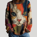Amelia | Women's Colorblock Cat Graphic Crew-Neck Knit Sweater