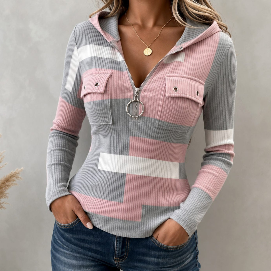 Women's Colorblock Ribbed Quarter-Zip Hooded Knit Sweater Top