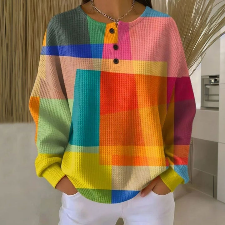 Women's Colorblock Waffle-Knit Henley Button Sweatshirt