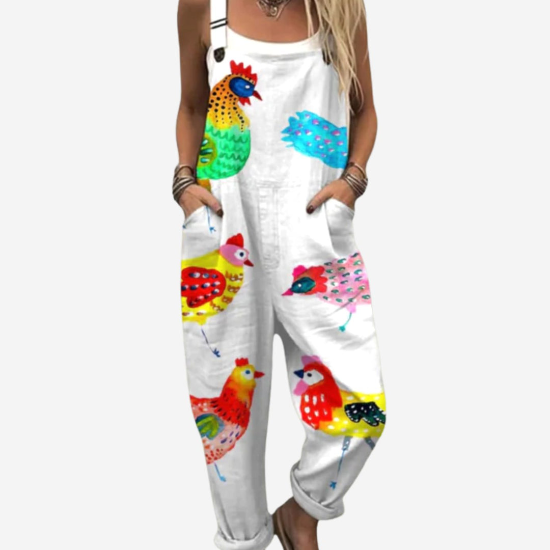 Women's Colorful Chicken Print Relaxed Wide-Leg Bib Overalls Jumpsuit - Multicolored