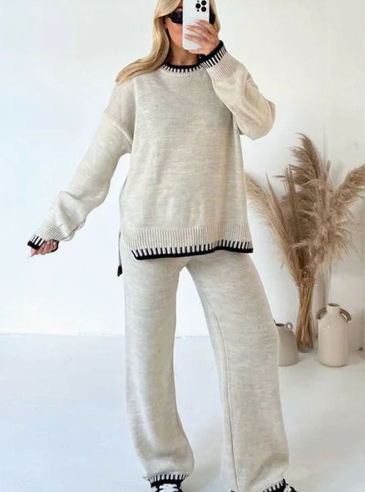 Women's Contrast-Trim Knit Sweater Wide-Leg Pants Set - Beige
