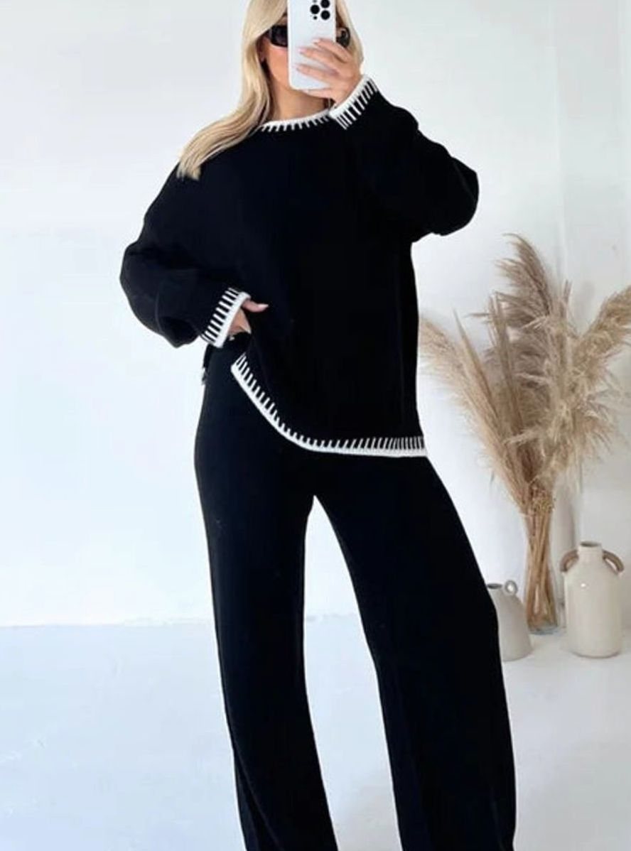 Women's Contrast-Trim Knit Sweater Wide-Leg Pants Set - Black