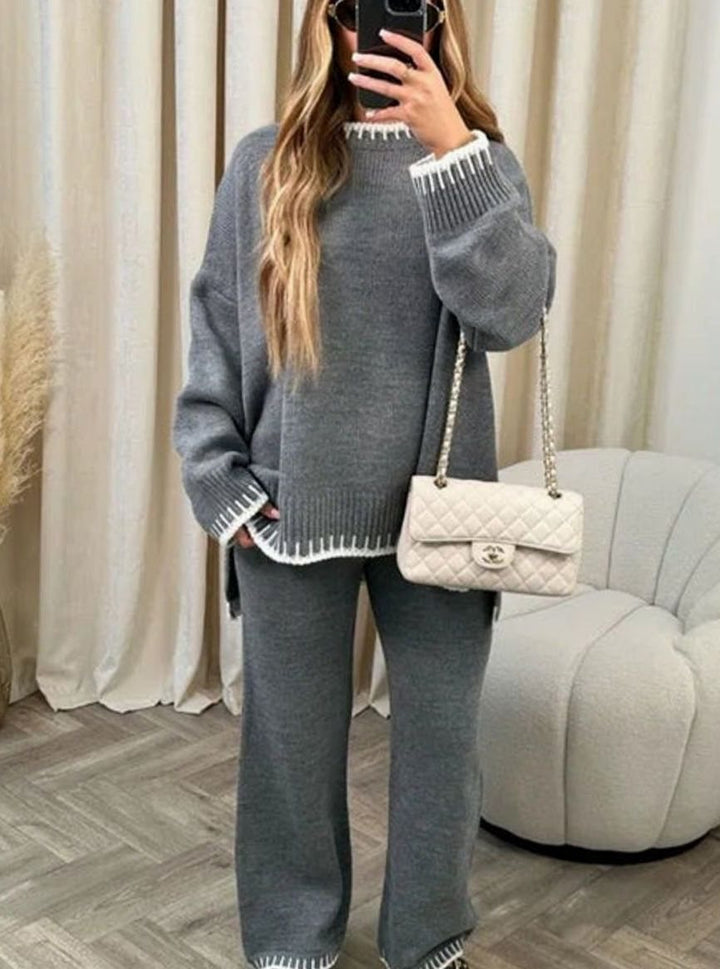 Women's Contrast-Trim Knit Sweater Wide-Leg Pants Set - Gray