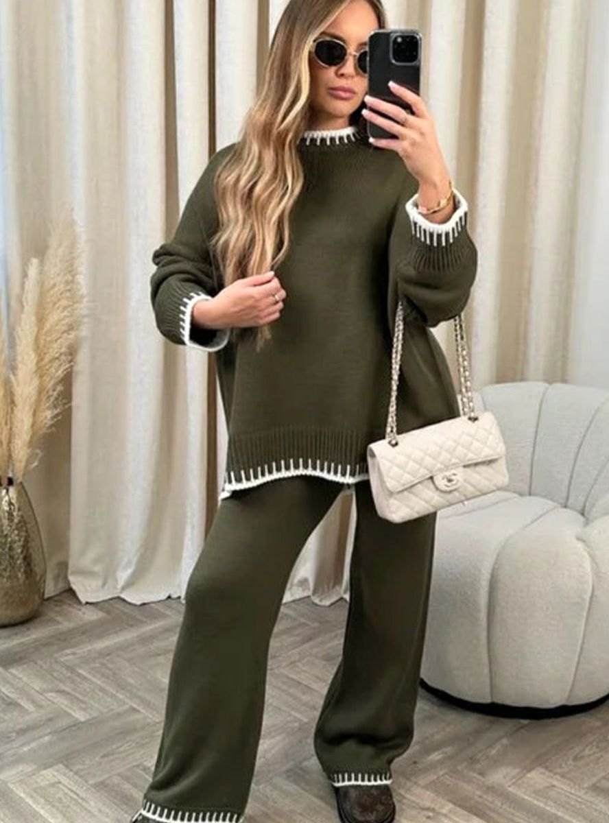 Women's Contrast-Trim Knit Sweater Wide-Leg Pants Set - Green