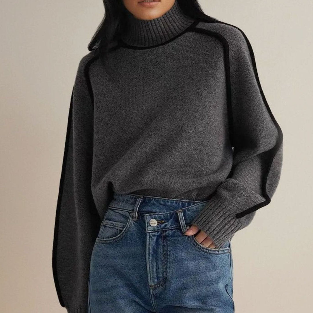 Women's Contrast-Trim Turtleneck Knit Sweater - Dark Gray