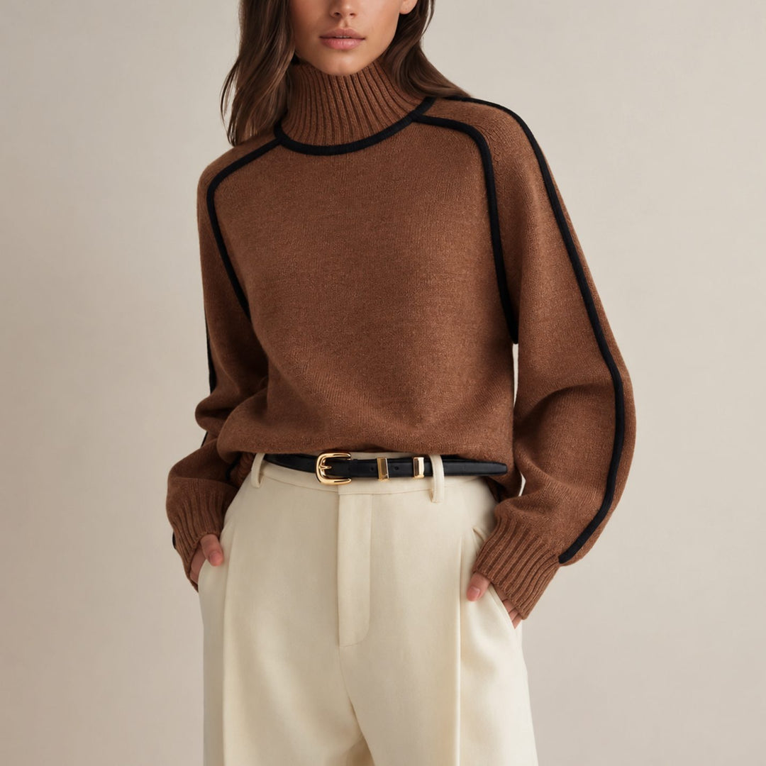 Women's Contrast-Trim Turtleneck Knit Sweater - Brown