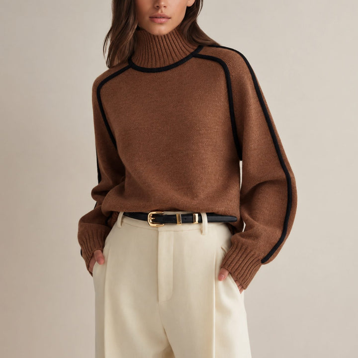 Women's Contrast-Trim Turtleneck Knit Sweater - Brown