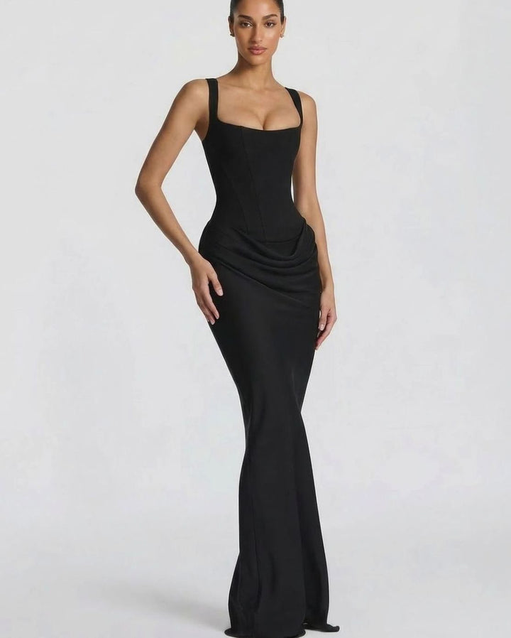 Women's Corset-Bodice Draped Maxi Dress Square Neckline - Black