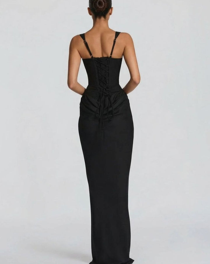 Women's Corset-Bodice Draped Maxi Dress Square Neckline
