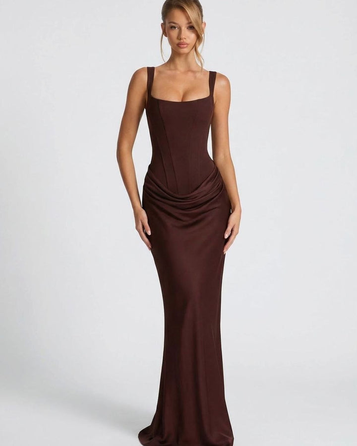 Women's Corset-Bodice Draped Maxi Dress Square Neckline - Dark Brown