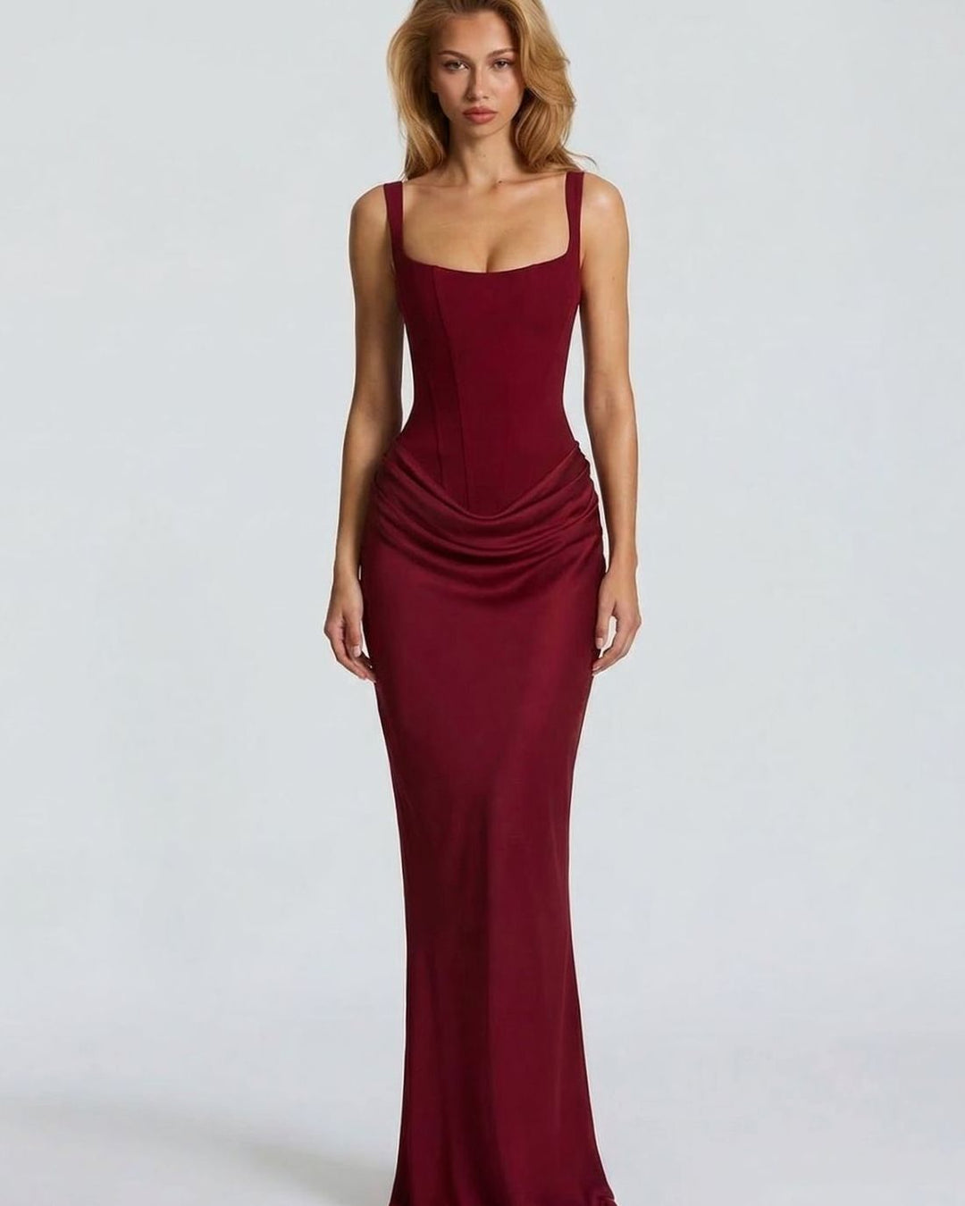 Women's Corset-Bodice Draped Maxi Dress Square Neckline - Red