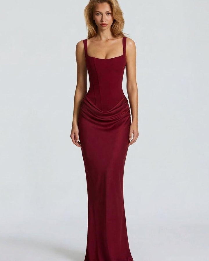Women's Corset-Bodice Draped Maxi Dress Square Neckline - Red