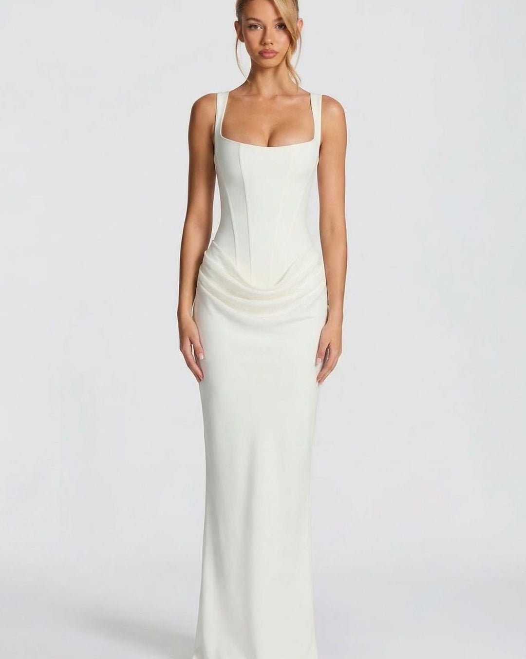 Women's Corset-Bodice Draped Maxi Dress Square Neckline - White