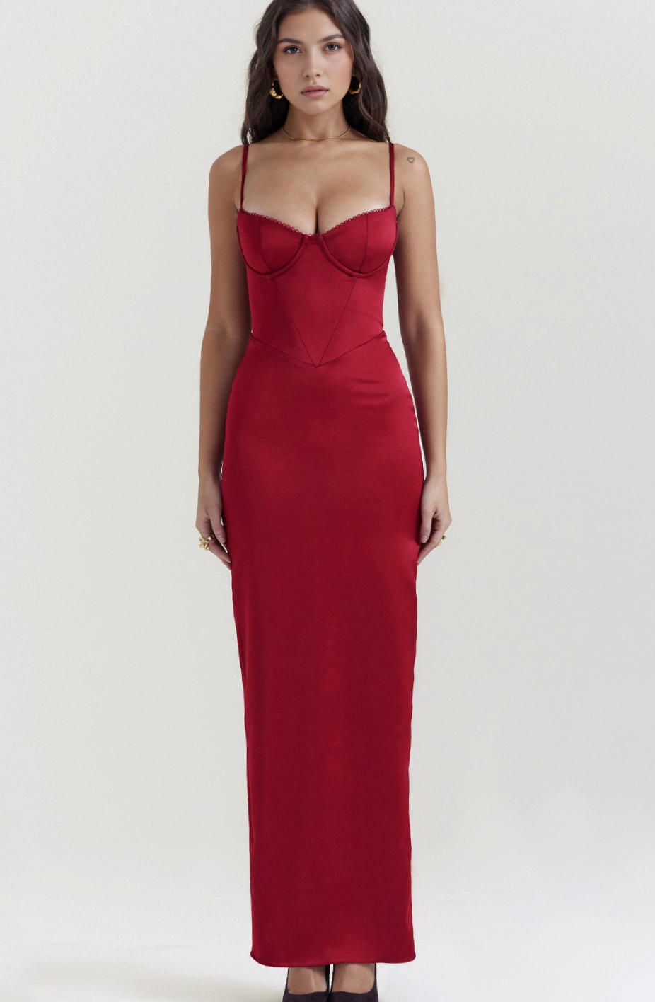 Women's Corset-Bodice Satin Maxi Slip Dress - Red