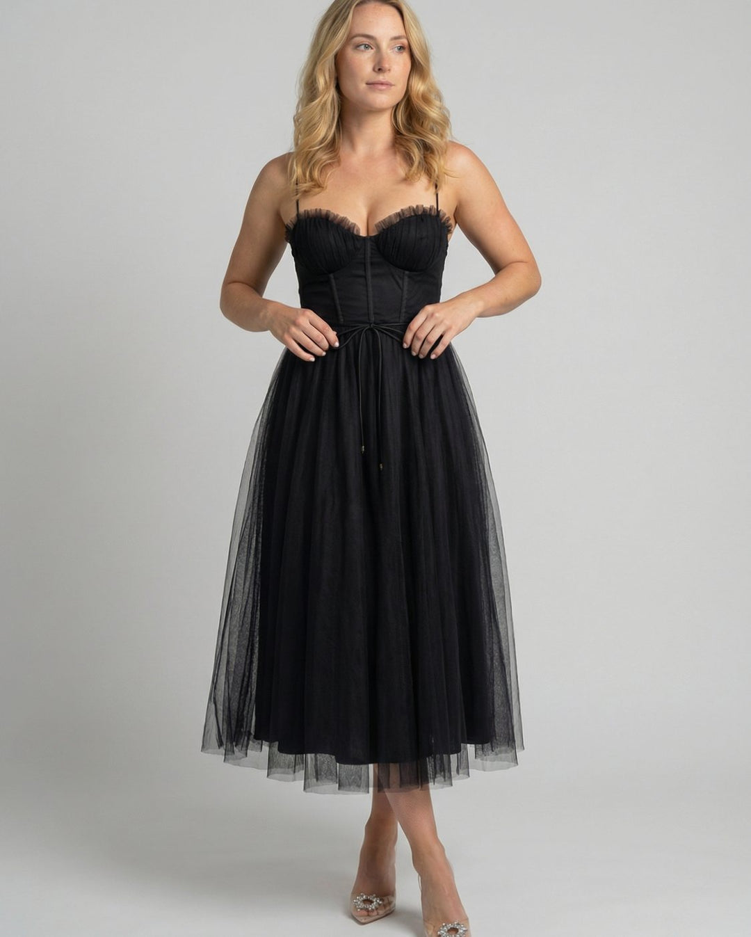 Women's Corset-Bodice Tulle Midi Cocktail Dress - Black