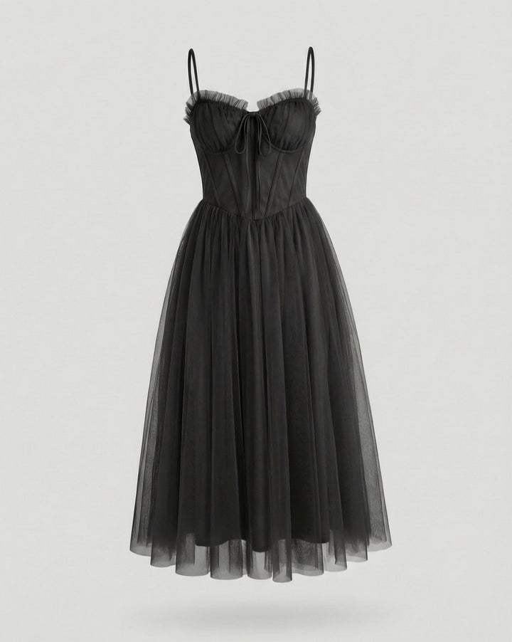 Women's Corset-Bodice Tulle Midi Cocktail Dress