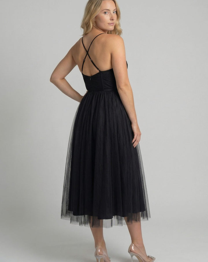 Women's Corset-Bodice Tulle Midi Cocktail Dress