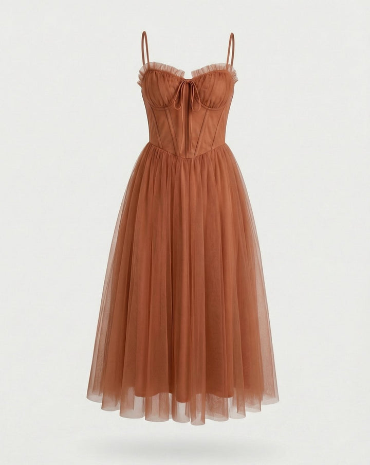 Women's Corset-Bodice Tulle Midi Cocktail Dress - Brown