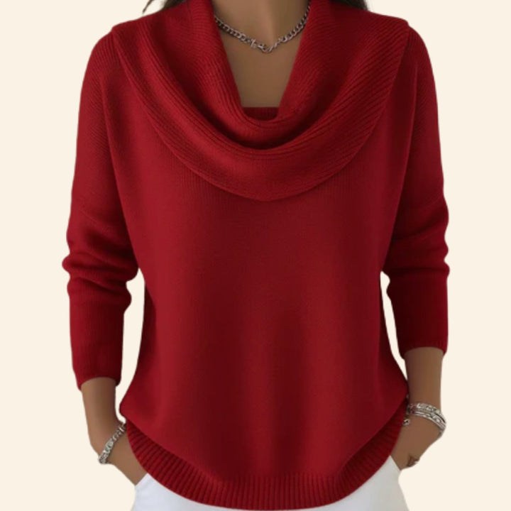 Women's Cowl-Neck Relaxed-Fit Long-Sleeve Knit Sweater - Red