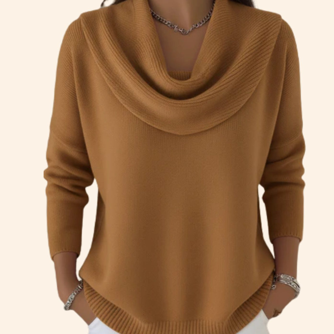 Women's Cowl-Neck Relaxed-Fit Long-Sleeve Knit Sweater - Brown