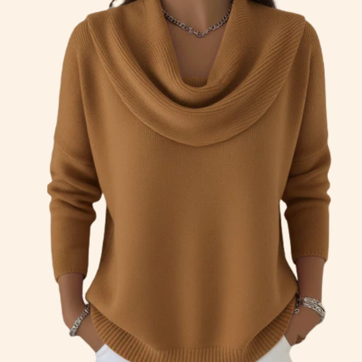 Women's Cowl-Neck Relaxed-Fit Long-Sleeve Knit Sweater - Brown