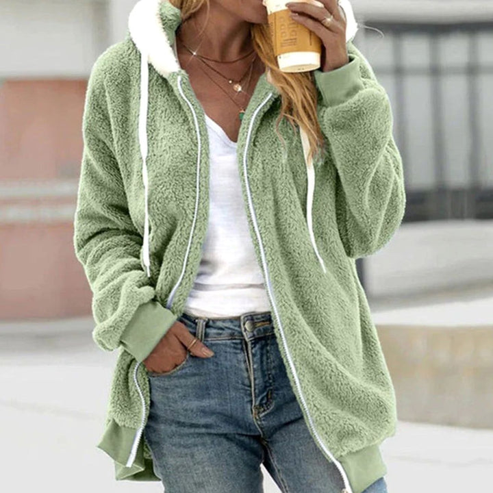 Women's Cozy Fleece Zip-Up Drawstring Hoodie - Green