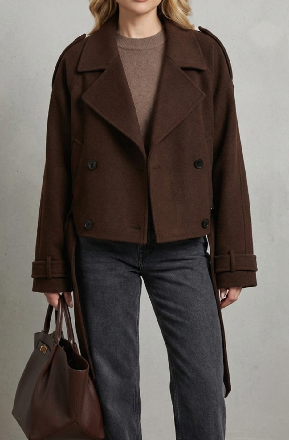 Women's Cropped Double-Breasted French Wool Jacket - Brown