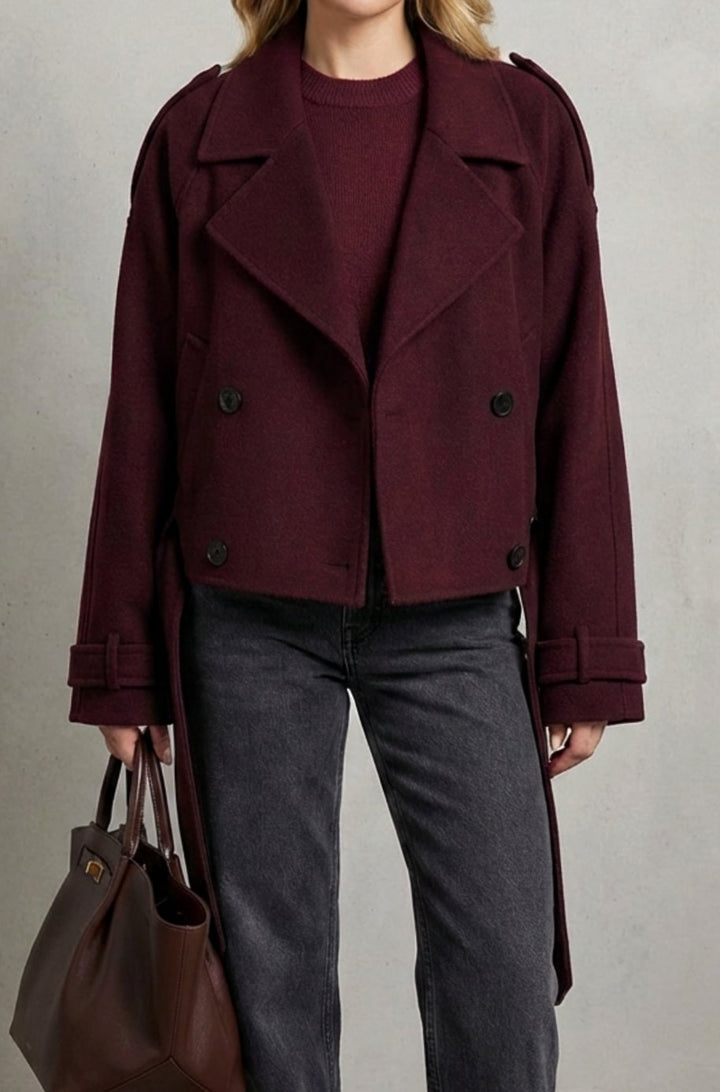 Women's Cropped Double-Breasted French Wool Jacket - Wine Red