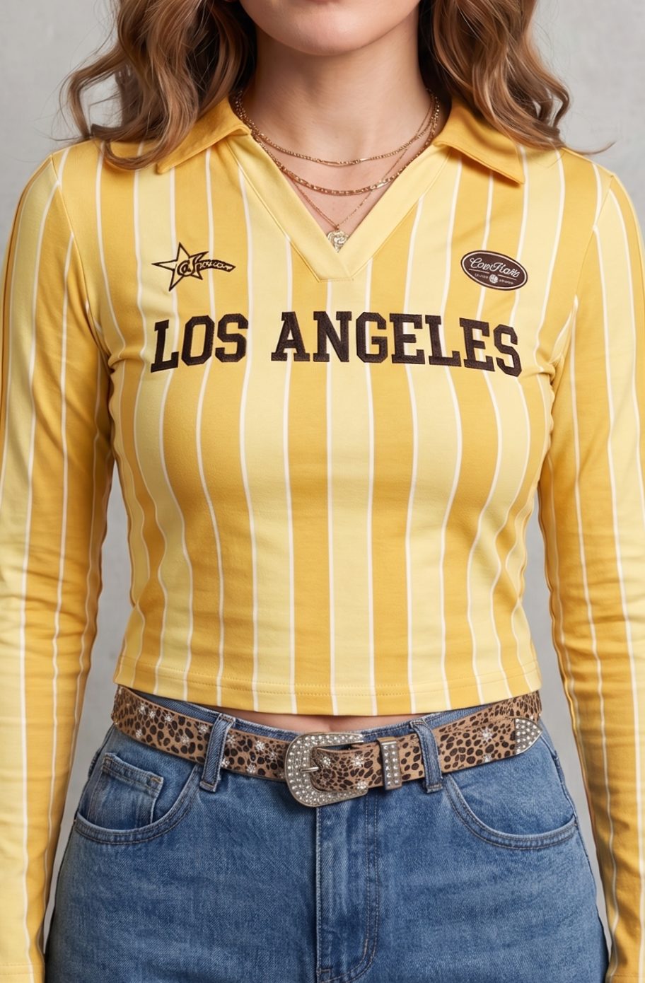 Women's Cropped Long Sleeve Striped Collared Graphic Top - Yellow