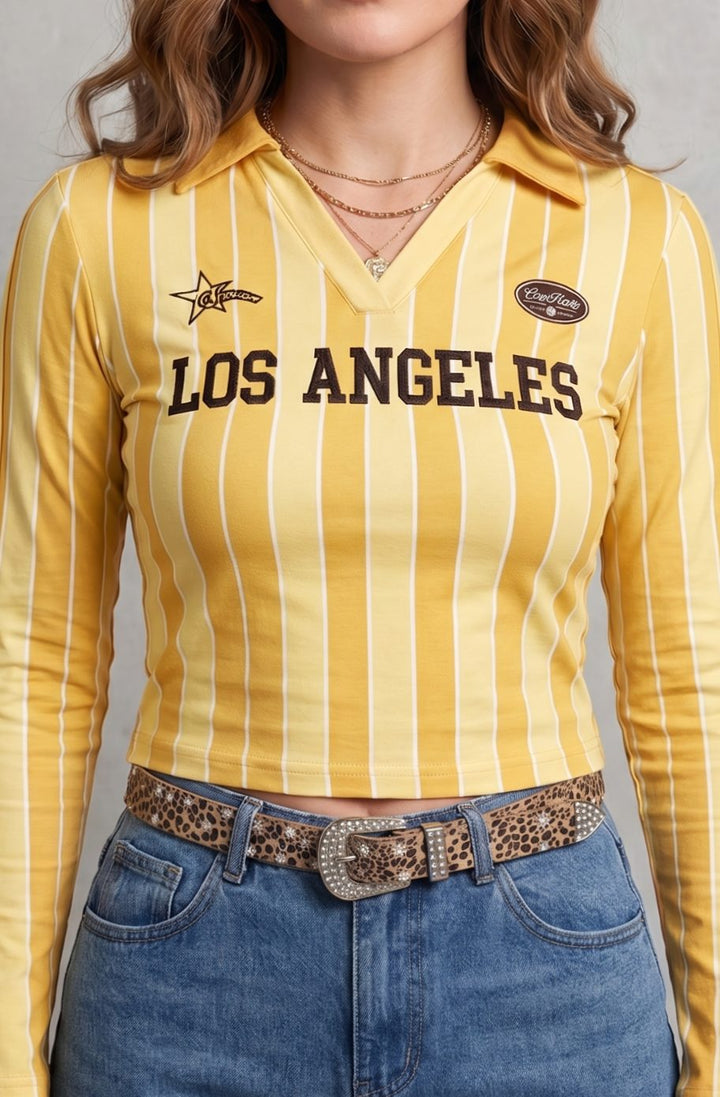Women's Cropped Long Sleeve Striped Collared Graphic Top - Yellow