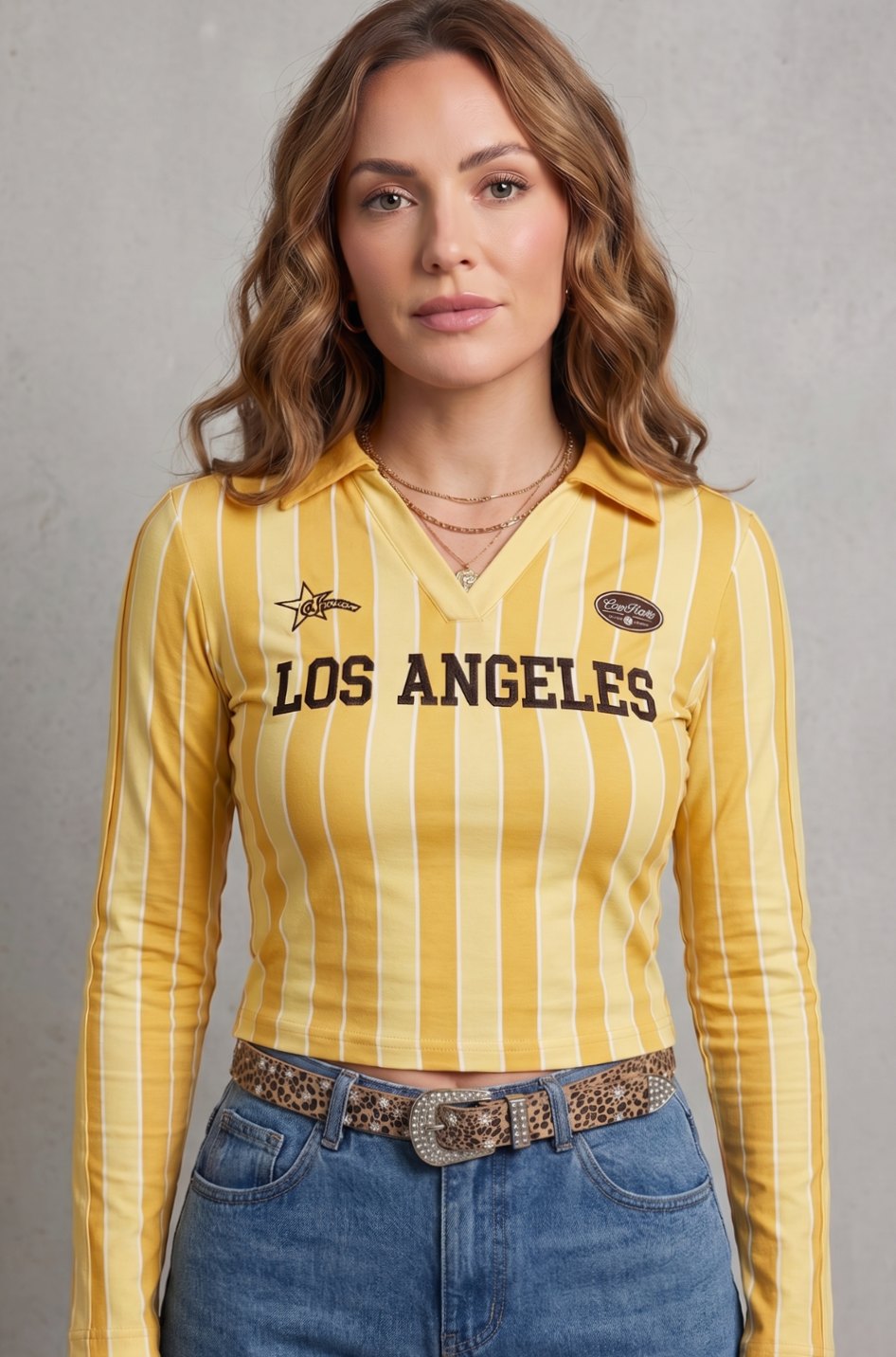 Women's Cropped Long Sleeve Striped Collared Graphic Top