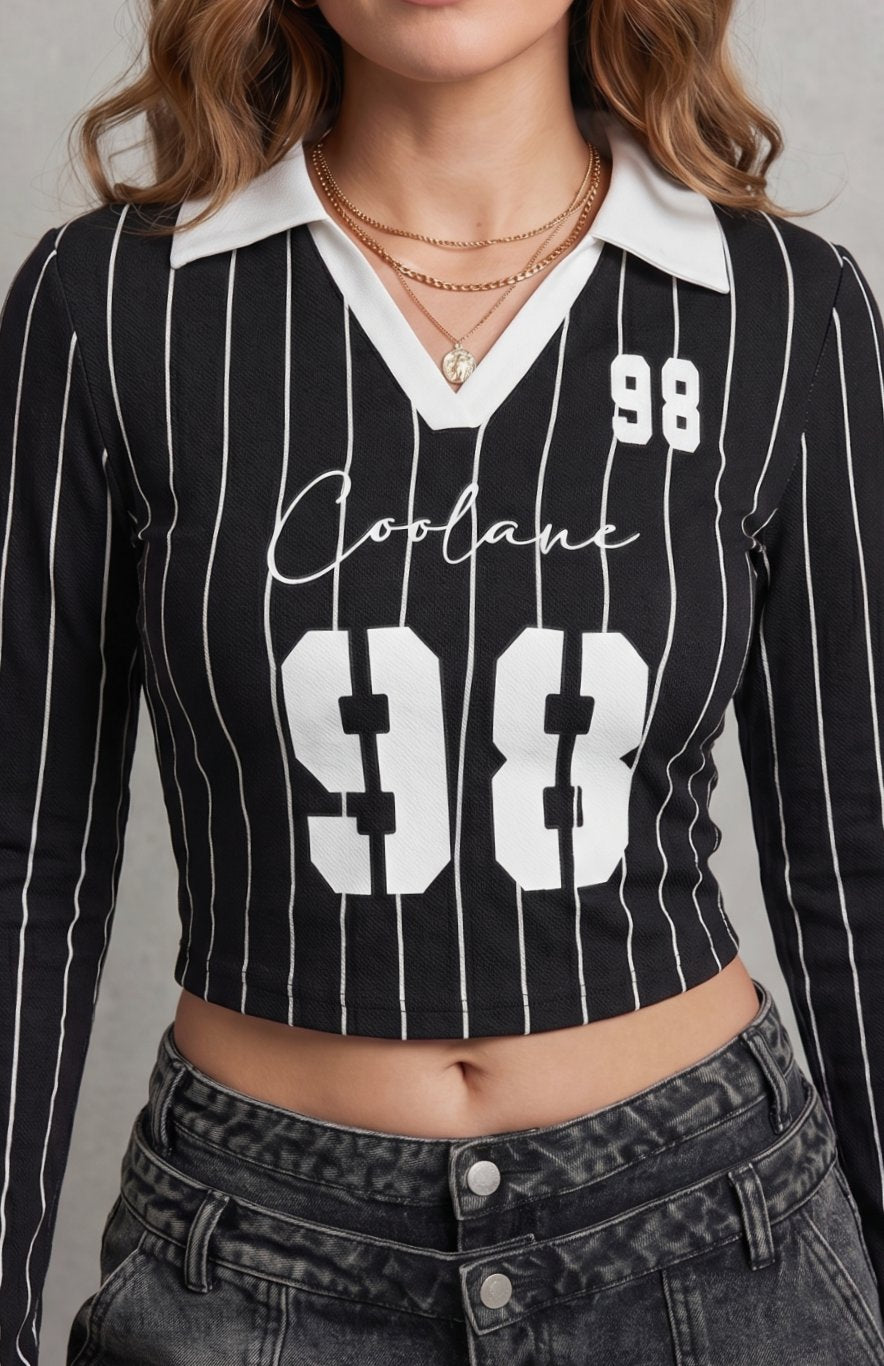 Women's Cropped Long Sleeve Striped Collared Graphic Top - Black & White