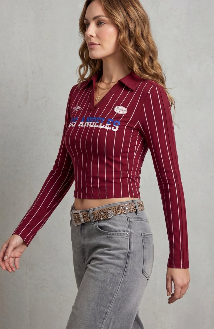 Women's Cropped Long Sleeve Striped Collared Graphic Top