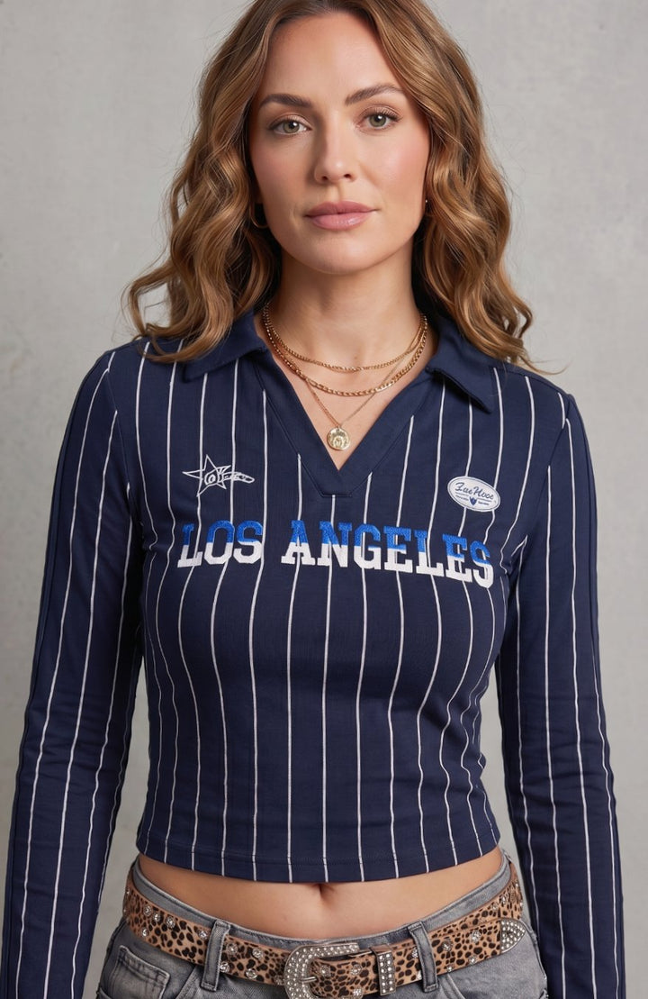 Women's Cropped Long Sleeve Striped Collared Graphic Top