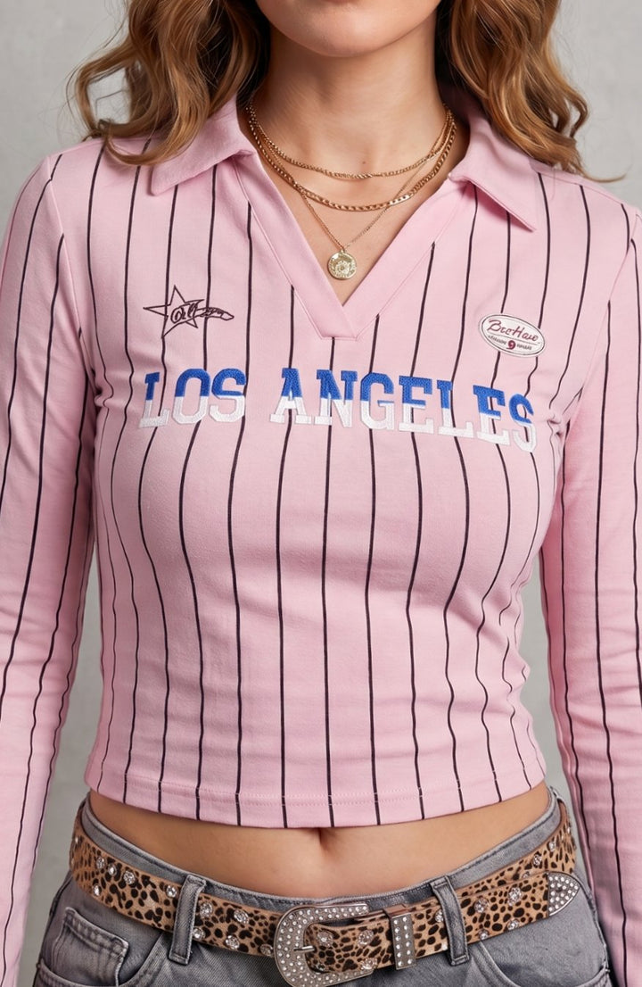 Women's Cropped Long Sleeve Striped Collared Graphic Top - Pink