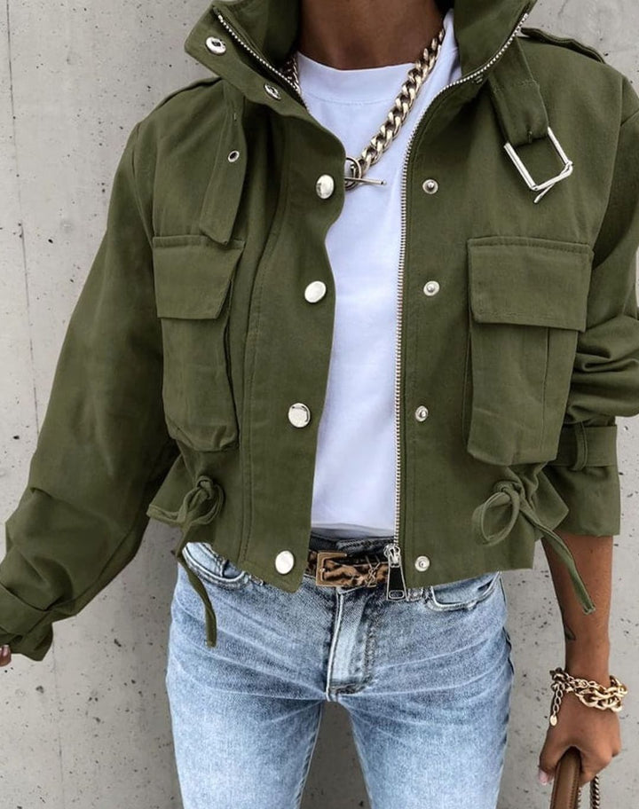 Women's Cropped Military Button-Down Cargo Jacket - Army Green